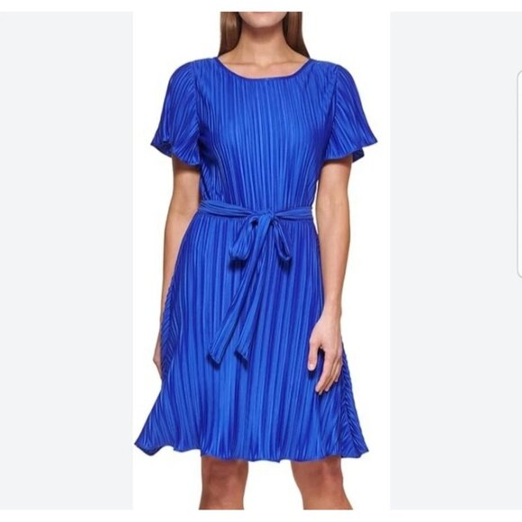 DKNY Womens Size 10 Cobalt Blue Pleated Dress Flutter Sleeve Tie Waist Belt NEW - Picture 1 of 3